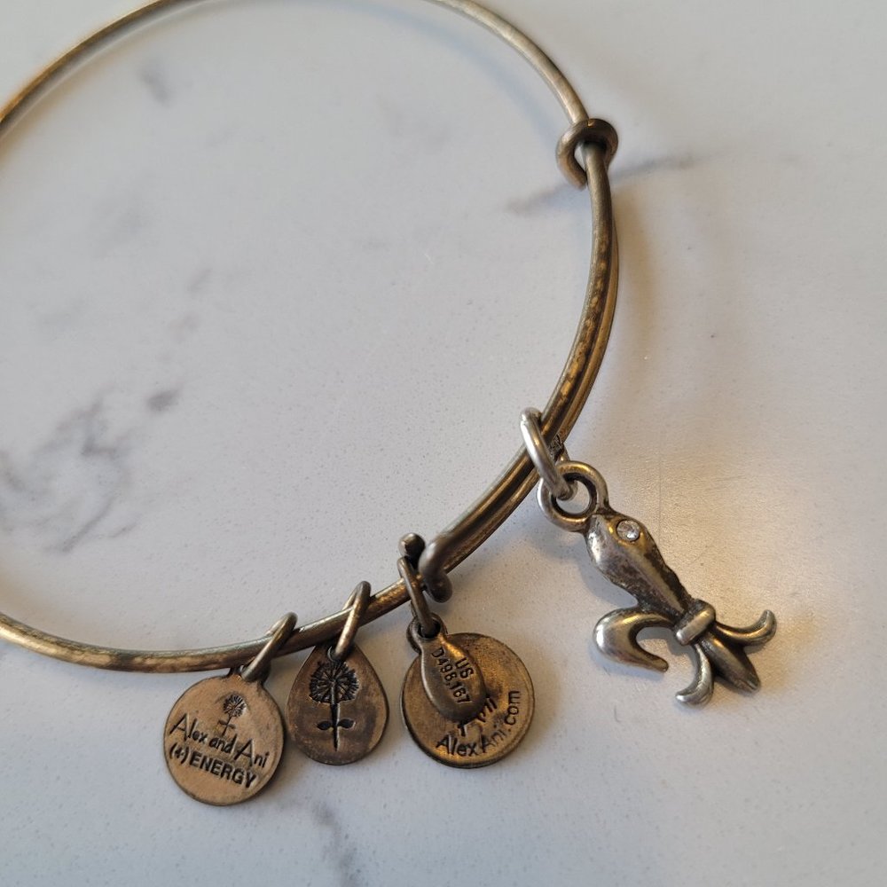 Alex and Ani Fleur de Lis Crystal Charm Bangle Bracelet Gold Tone Adjustable